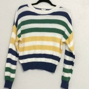 Garage Striped Crewneck Sweater Womens P/S Blue Green‎ Yellow Ribbed Knit Petite